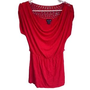 Wet Seal Red Tshirt Womens Crochet Short Sleeve Dressy Low Scoop Neck L